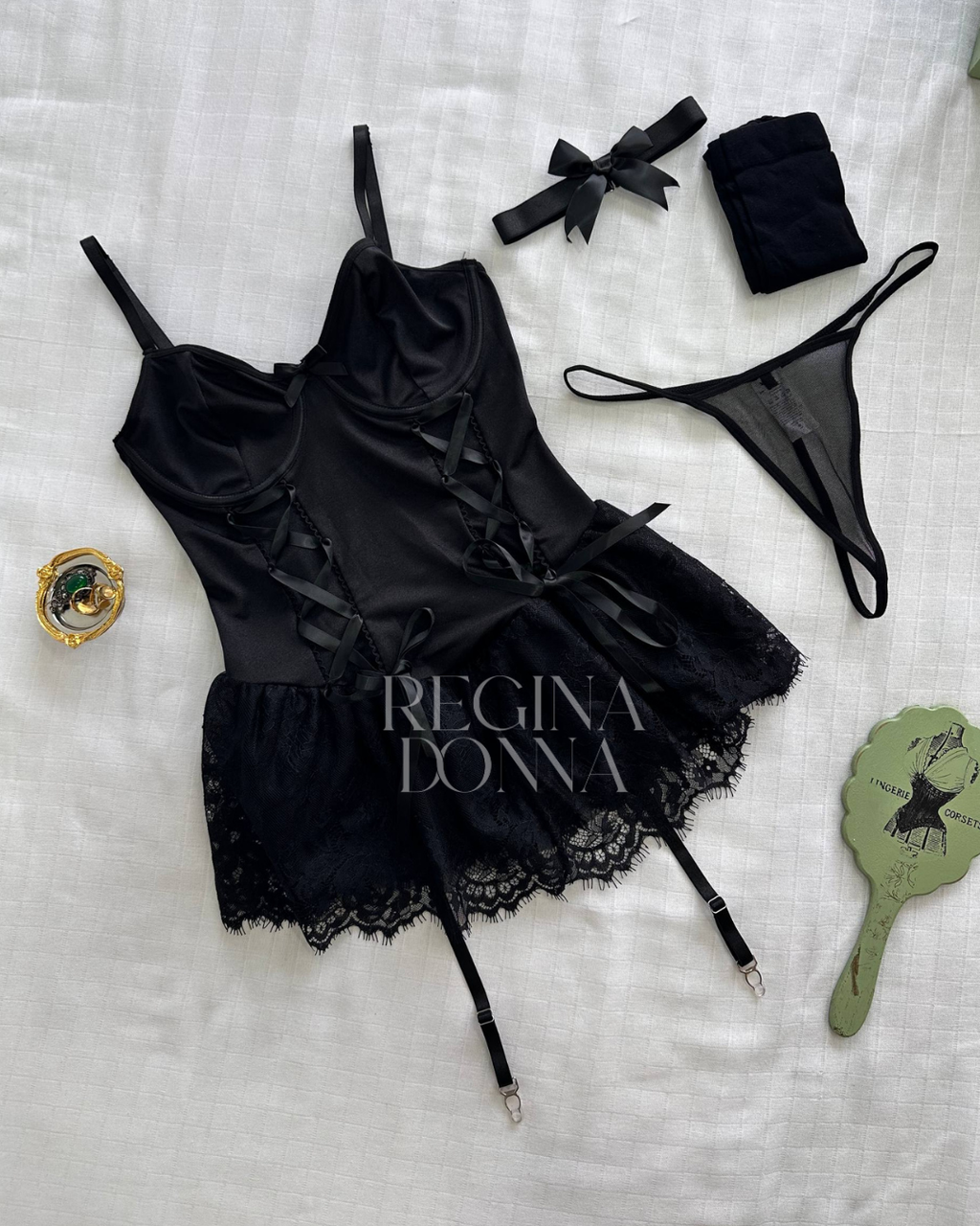 Venus Lace Siyah Jartiyer Takım (Çorap dahil)